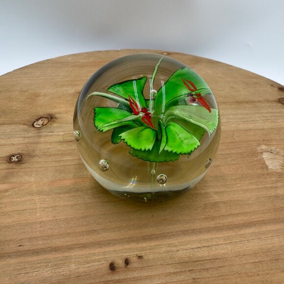Unbranded Other - Studio Art Glass Ball Floral Paperweight Flower Bloom Green 2 dragonflies vintag